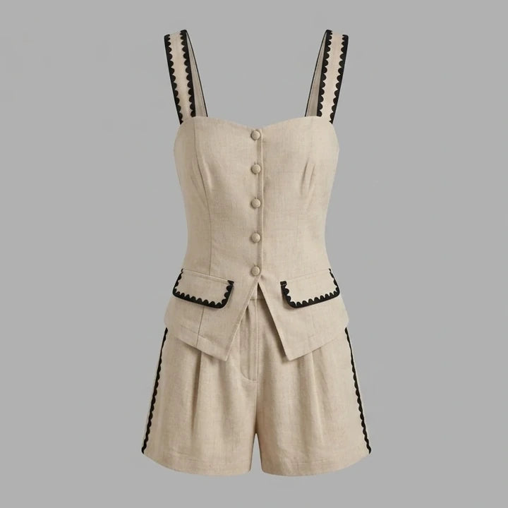 Front product-only image of beige-contrasting-button-shorts