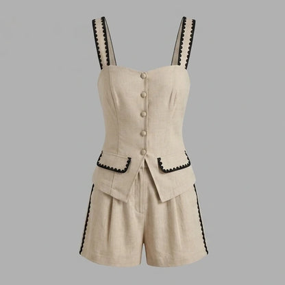 Front product-only image of beige-contrasting-button-shorts