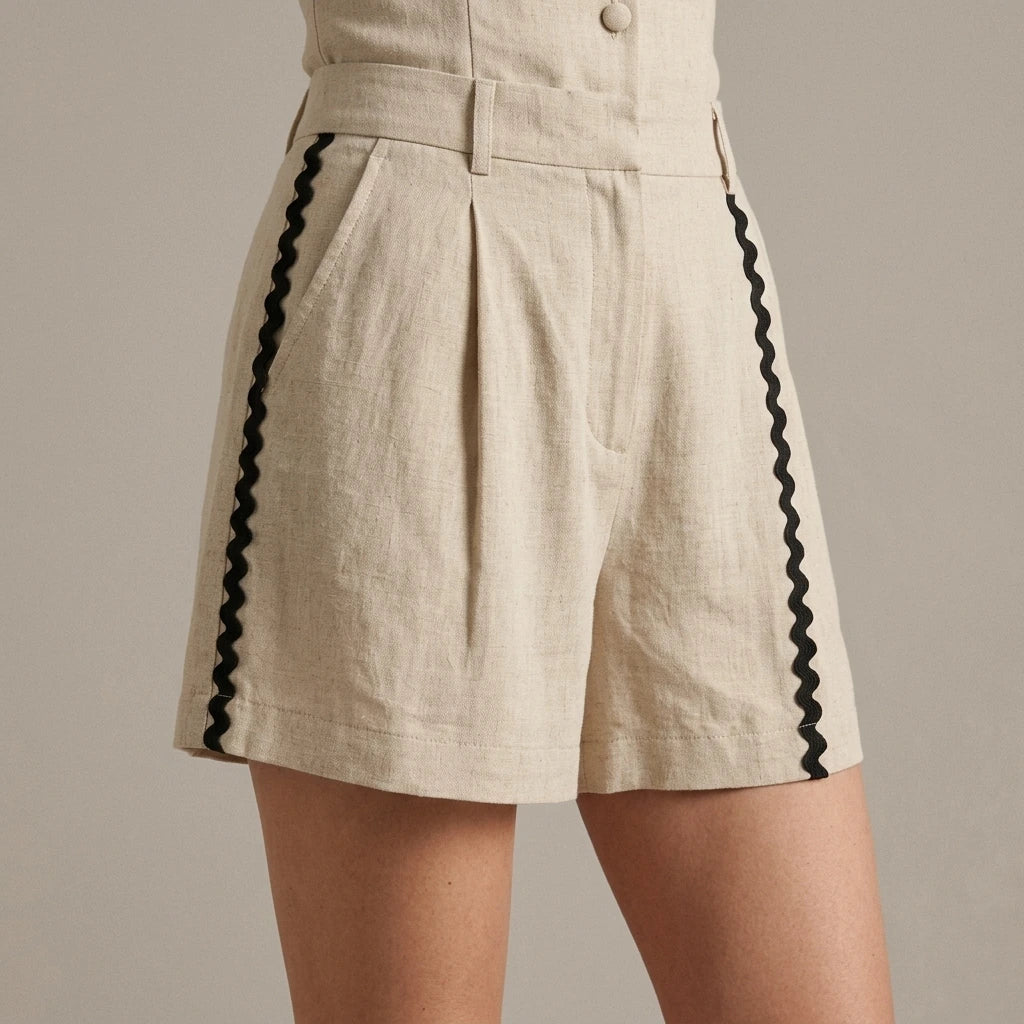 Model wearing beige-contrasting-button-shorts with close focus on the product