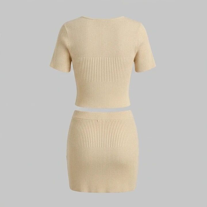 Back product-only image of beige-elastic-waist-knit-mini-skirt