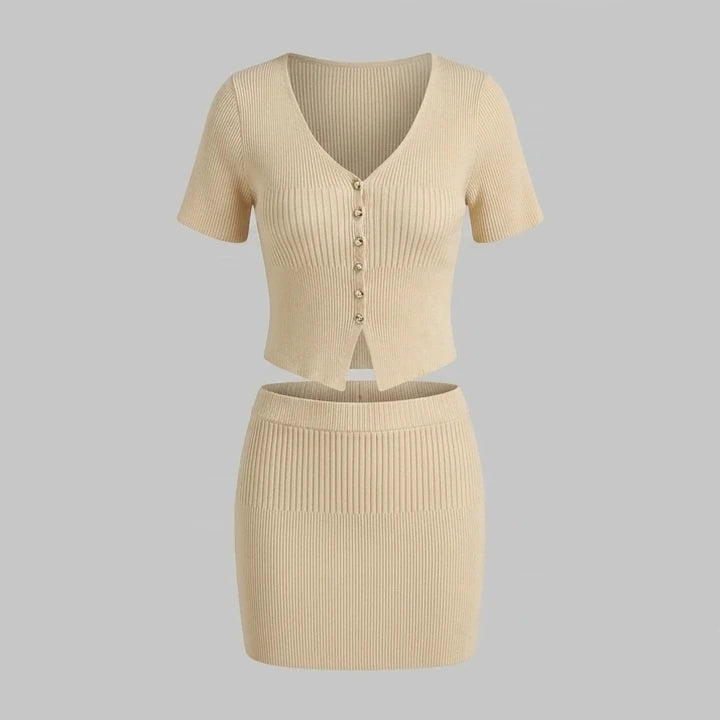 Front product-only image of beige-elastic-waist-knit-mini-skirt