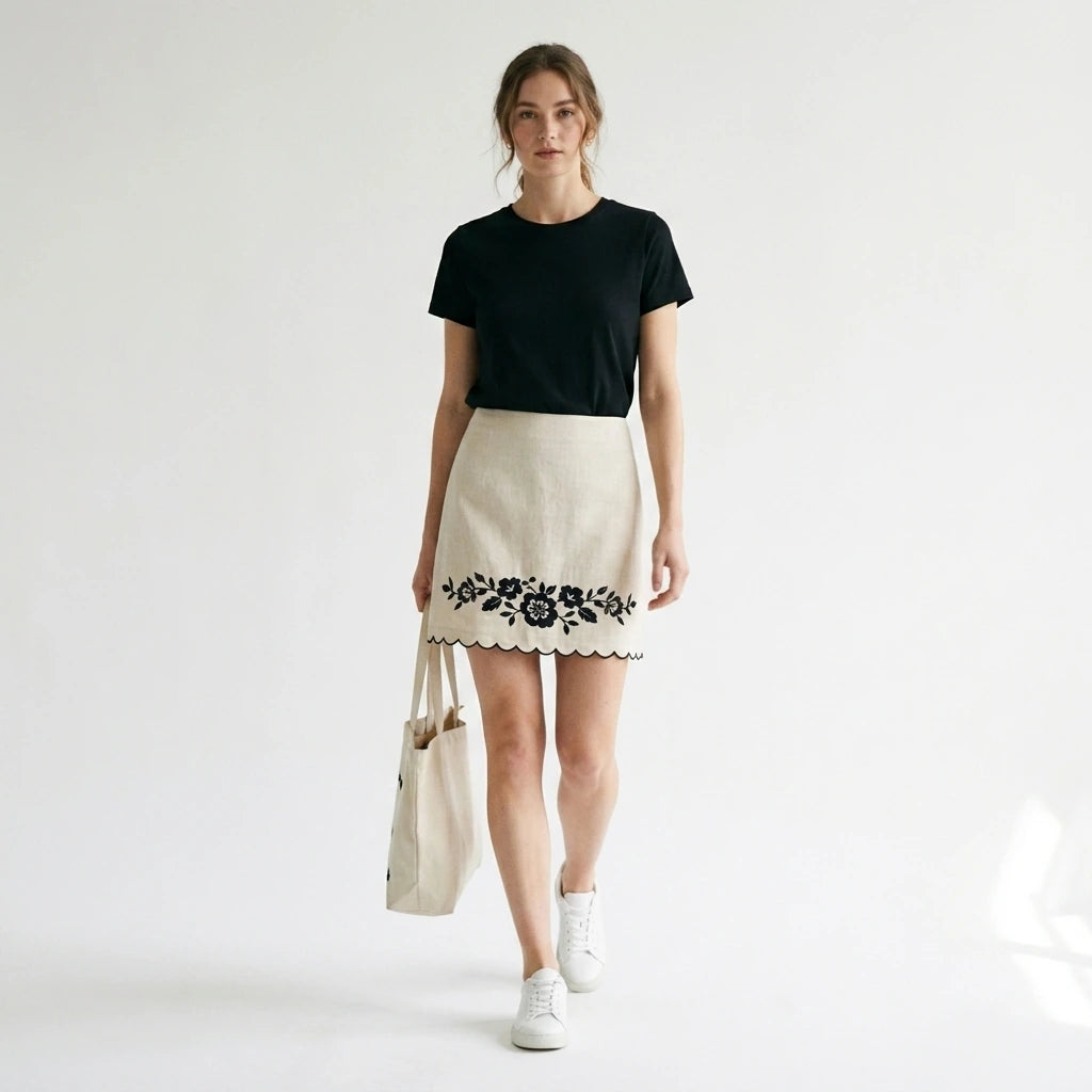 Third natural lifestyle image of a model wearing beige-embroidery-contrasting-mini-skirt