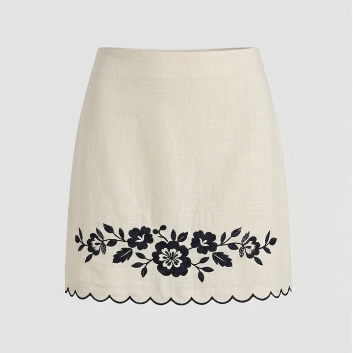 Front product-only image of beige-embroidery-contrasting-mini-skirt
