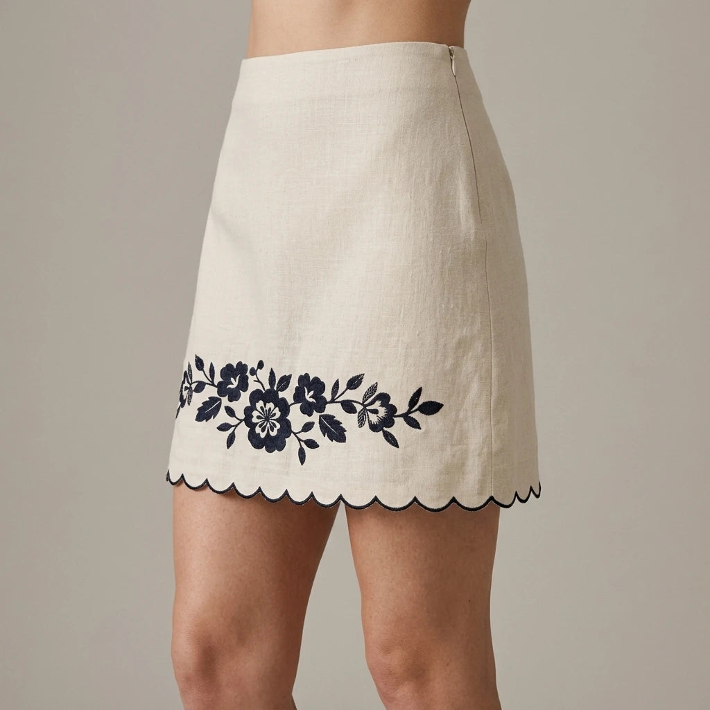 Model wearing beige-embroidery-contrasting-mini-skirt with close focus on the product