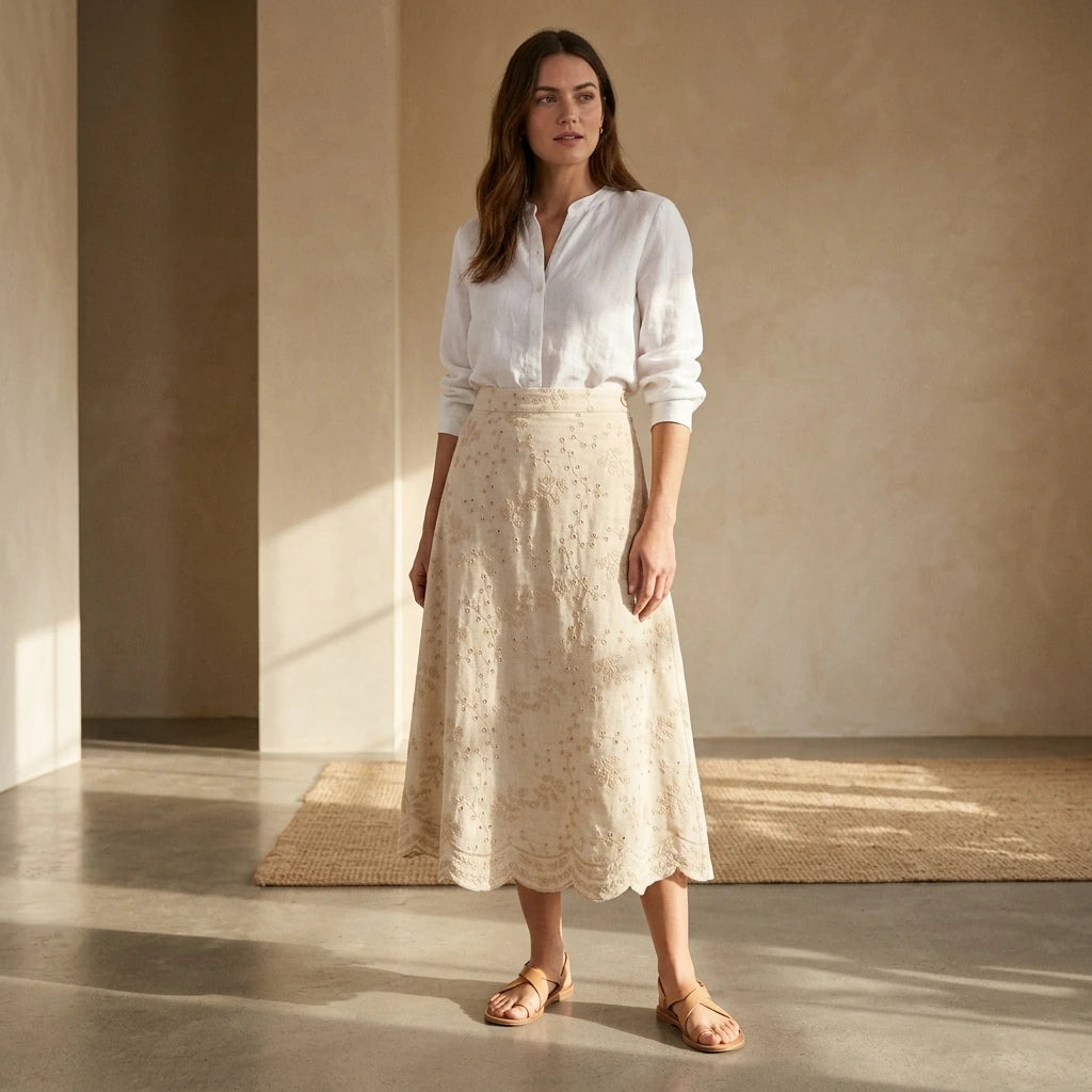 Natural lifestyle image of a model wearing beige-embroidery-midi-skirt