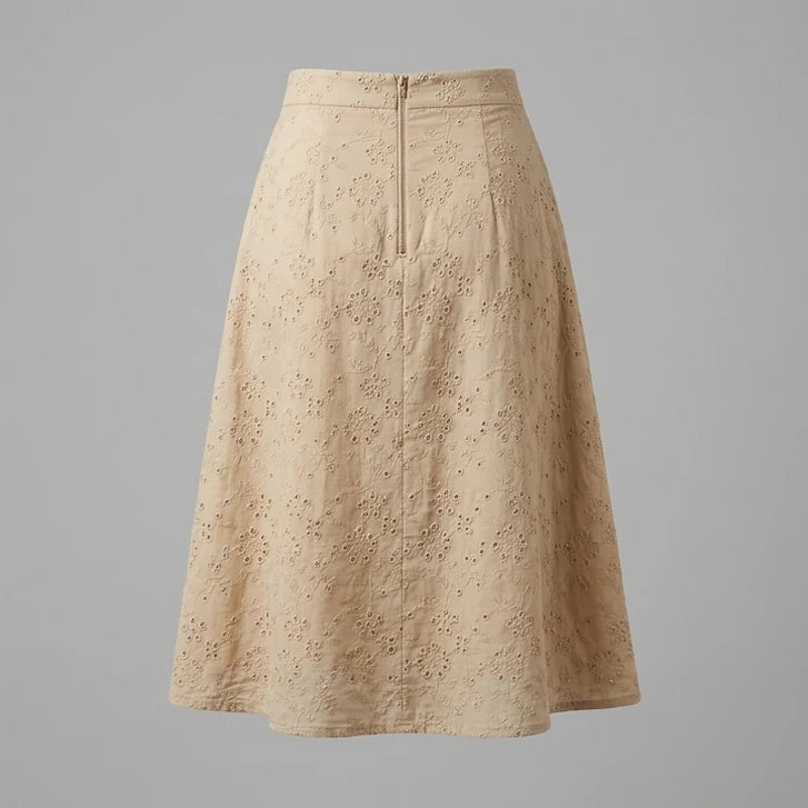 Back product-only image of beige-embroidery-midi-skirt