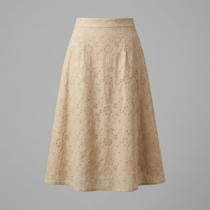 Front product-only image of beige-embroidery-midi-skirt