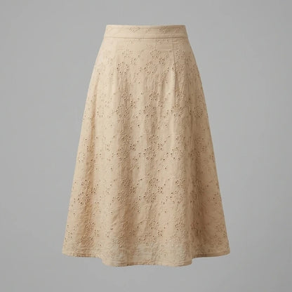 Front product-only image of beige-embroidery-midi-skirt