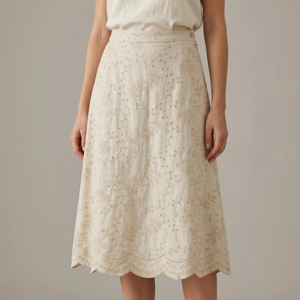 Model wearing beige-embroidery-midi-skirt with close focus on the product