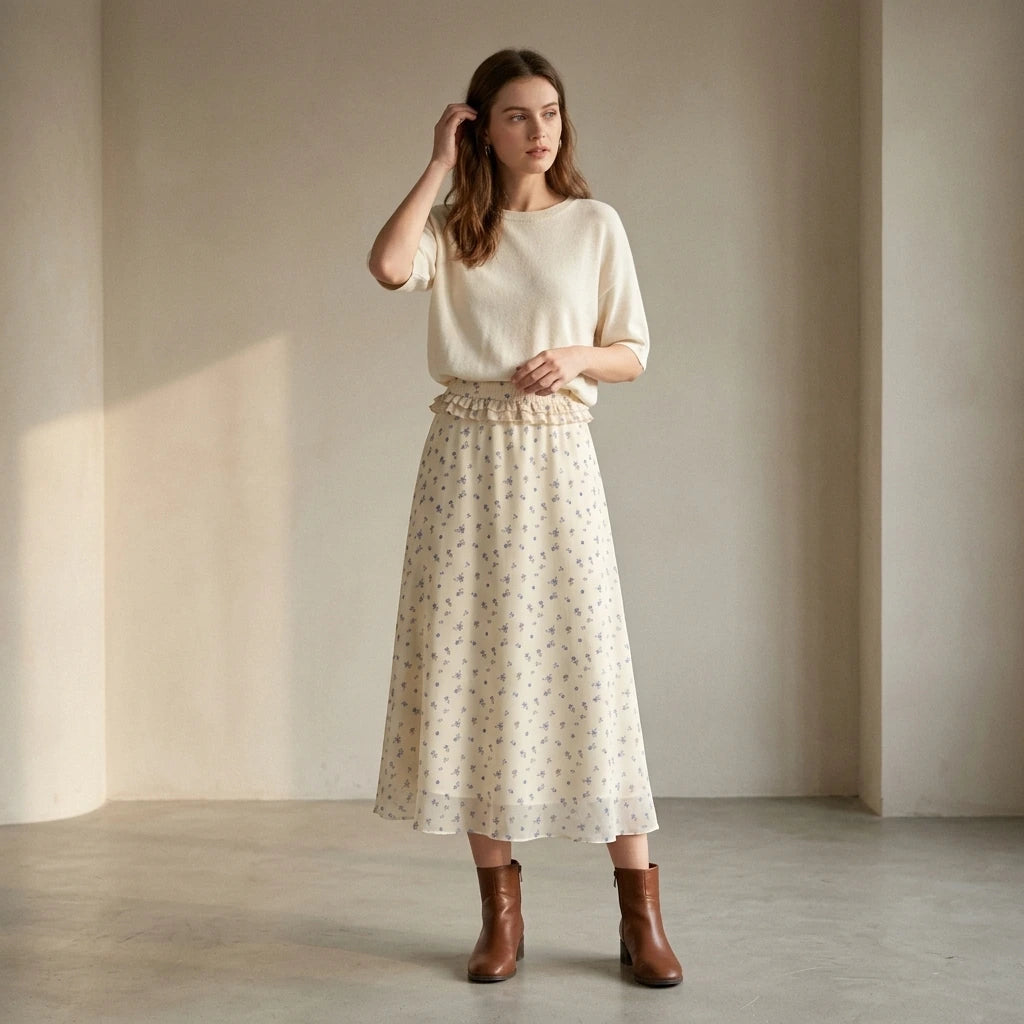 Natural lifestyle image of a model wearing beige-floral-chiffon-midi-skirt