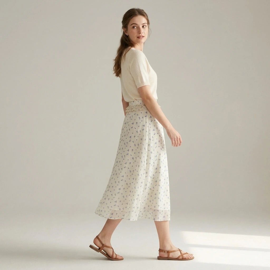 Second natural lifestyle image of a model wearing beige-floral-chiffon-midi-skirt