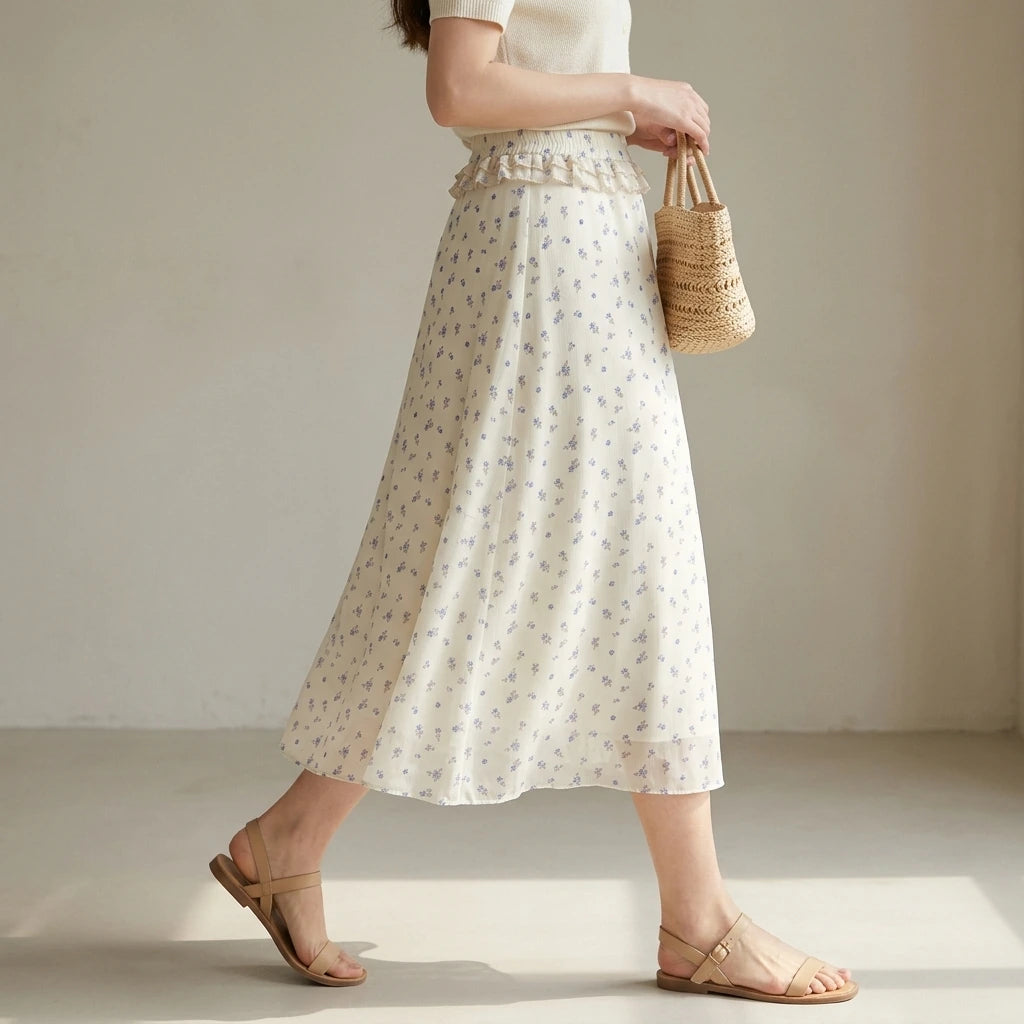 Third natural lifestyle image of a model wearing beige-floral-chiffon-midi-skirt