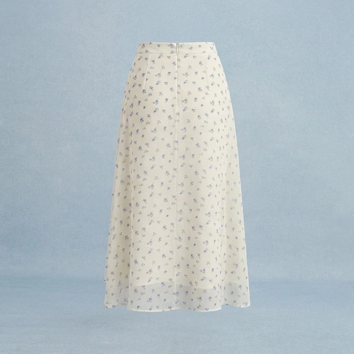 Back product-only image of beige-floral-chiffon-midi-skirt