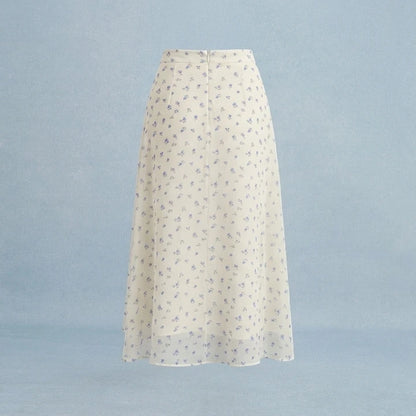 Back product-only image of beige-floral-chiffon-midi-skirt