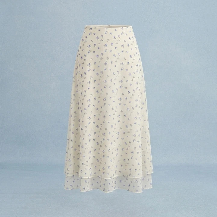 Front product-only image of beige-floral-chiffon-midi-skirt