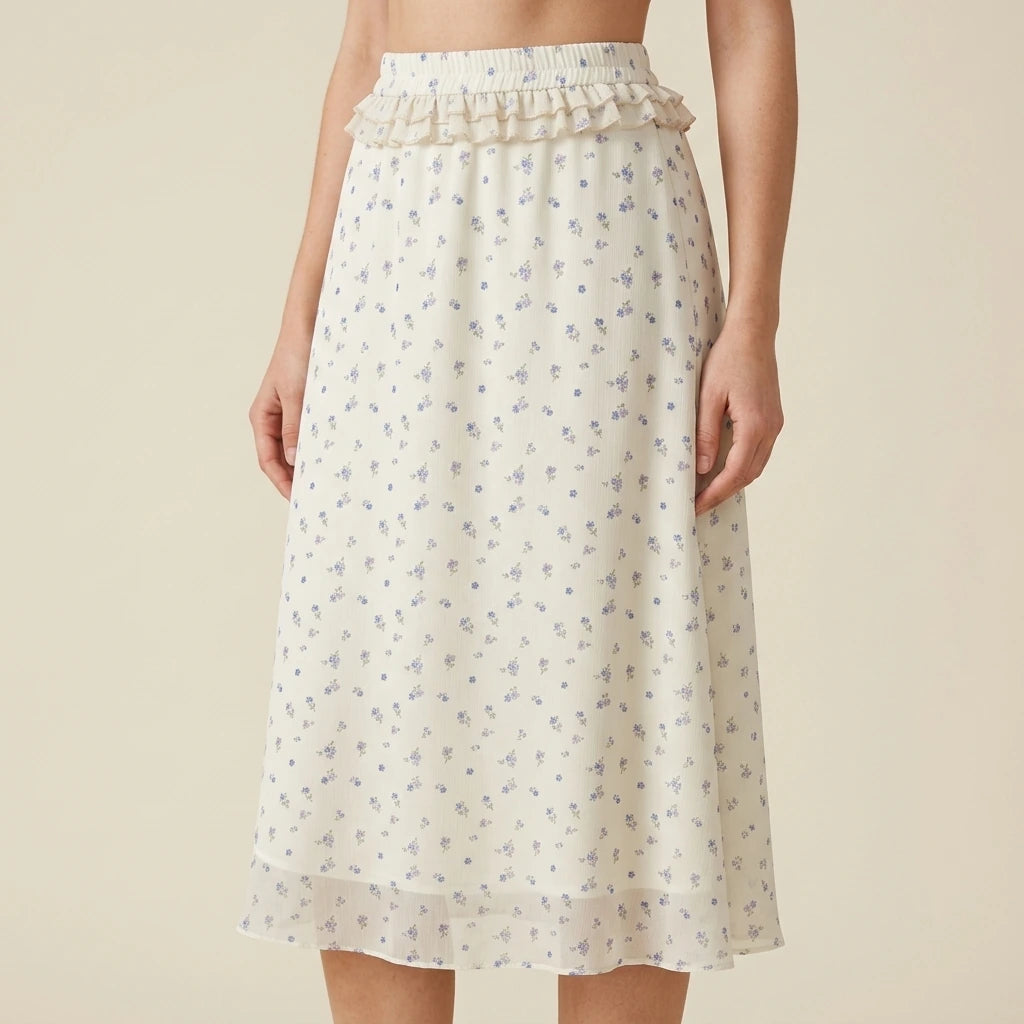 Model wearing beige-floral-chiffon-midi-skirt with close focus on the product