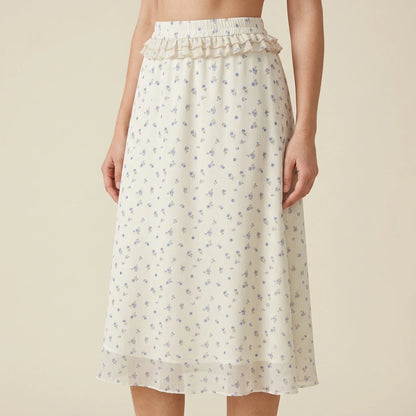 Model wearing beige-floral-chiffon-midi-skirt with close focus on the product