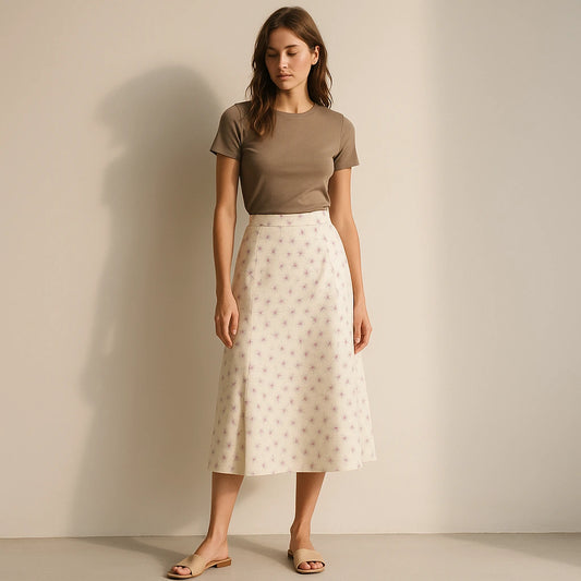 Natural lifestyle image of a model wearing Beige Floral Slit Midi Skirt High Waist A-Line Elegant
