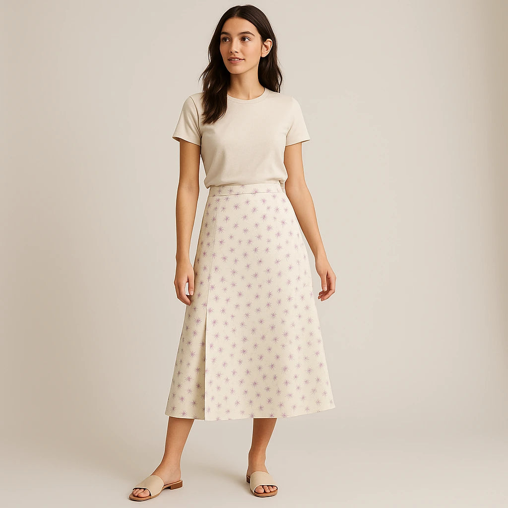 Second natural lifestyle image of a model wearing Beige Floral Slit Midi Skirt High Waist A-Line Elegant