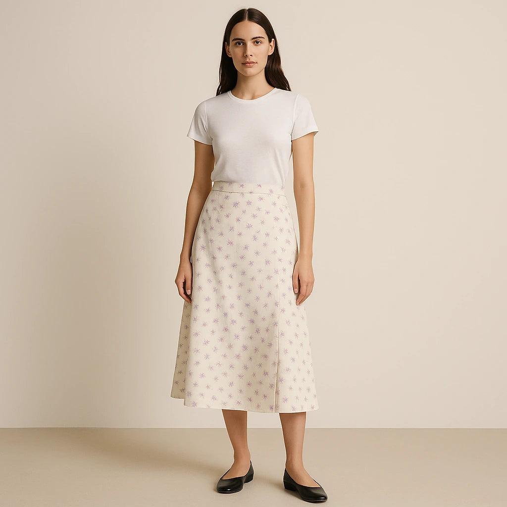 Third natural lifestyle image of a model wearing Beige Floral Slit Midi Skirt High Waist A-Line Elegant