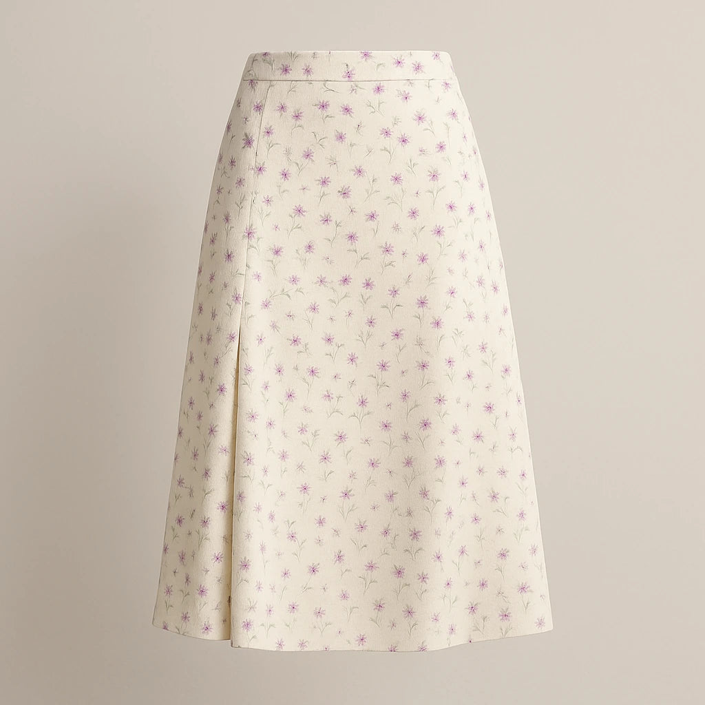 Isolated product image of Beige Floral Slit Midi Skirt High Waist A-Line Elegant on simple background