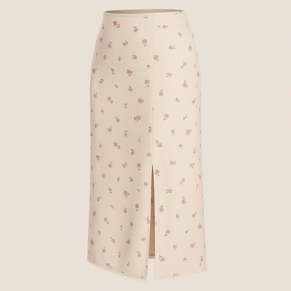 Isolated product image of Beige Floral Slit Midi Skirt High Waist A-Line Elegant, three-quarter angle view