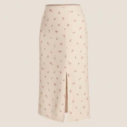 Isolated product image of Beige Floral Slit Midi Skirt High Waist A-Line Elegant, three-quarter angle view