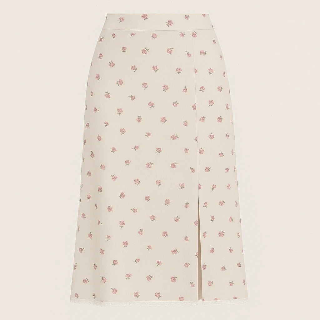 Isolated product image of Beige Floral Slit Midi Skirt High Waist A-Line Elegant, front view