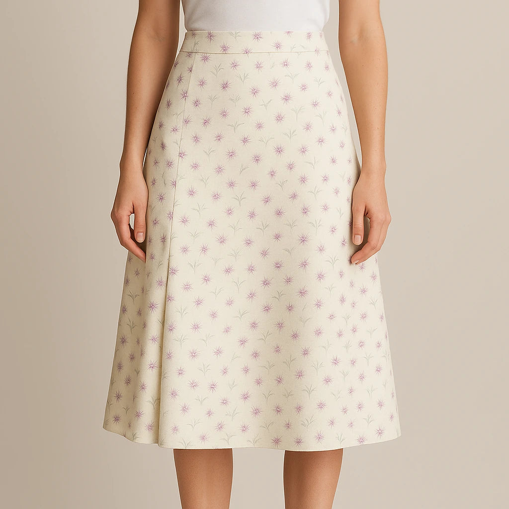 Model wearing Beige Floral Slit Midi Skirt High Waist A-Line Elegant with close focus on the product