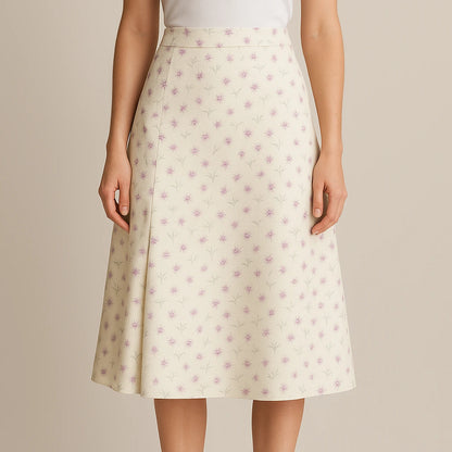 Model wearing Beige Floral Slit Midi Skirt High Waist A-Line Elegant with close focus on the product