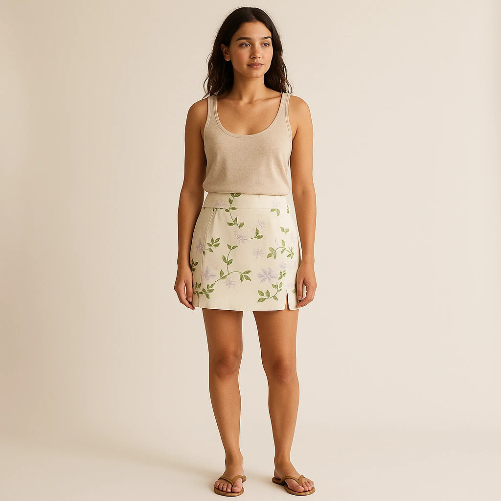 Third natural lifestyle image of a model wearing Beige Floral Embroidery Skirt Slit Vacation Summer Modern