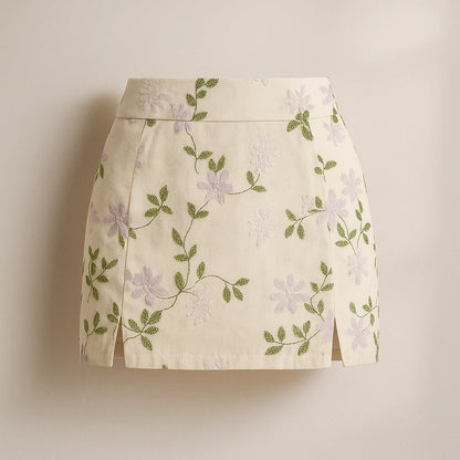 Isolated product image of Beige Floral Embroidery Skirt Slit Vacation Summer Modern on simple background