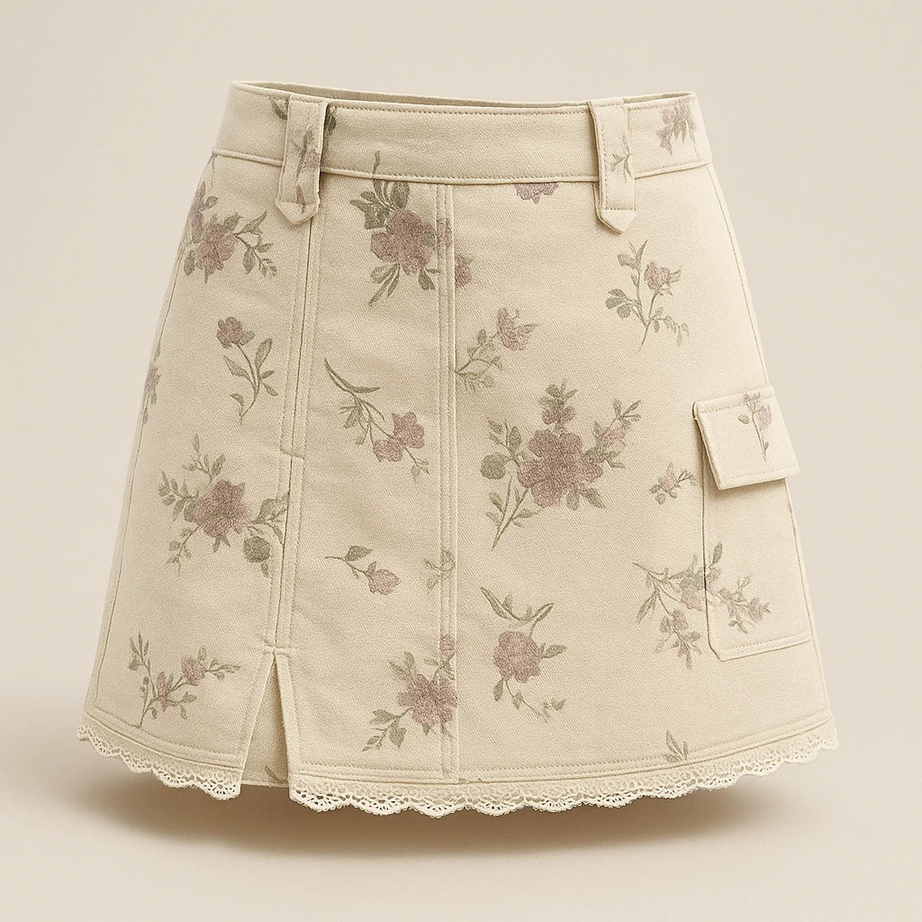 Isolated product image of Beige Floral Embroidery Skirt Slit Vacation Summer Modern, three-quarter angle view