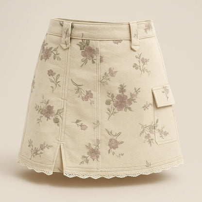 Isolated product image of Beige Floral Embroidery Skirt Slit Vacation Summer Modern, three-quarter angle view