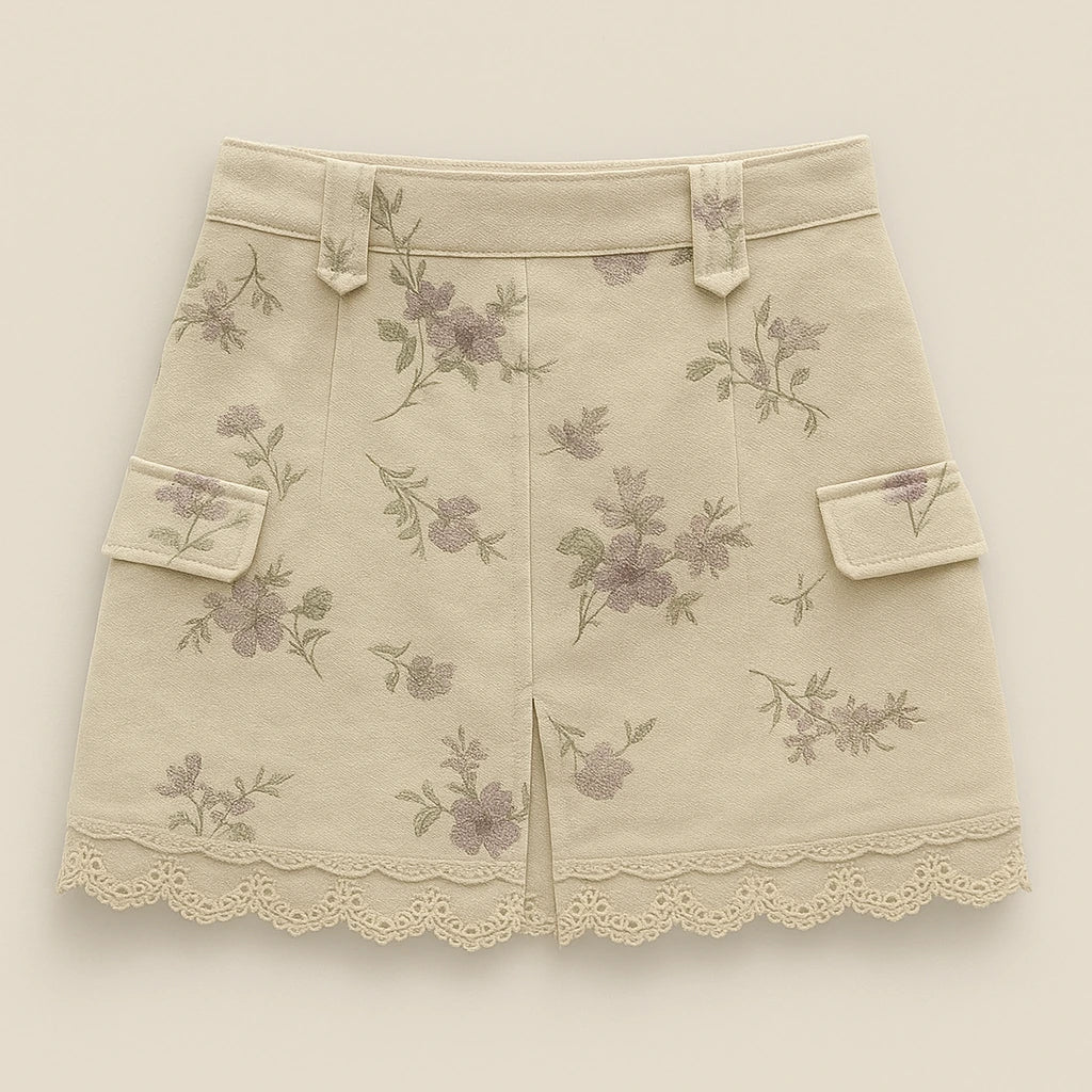 Isolated product image of Beige Floral Embroidery Skirt Slit Vacation Summer Modern, front view