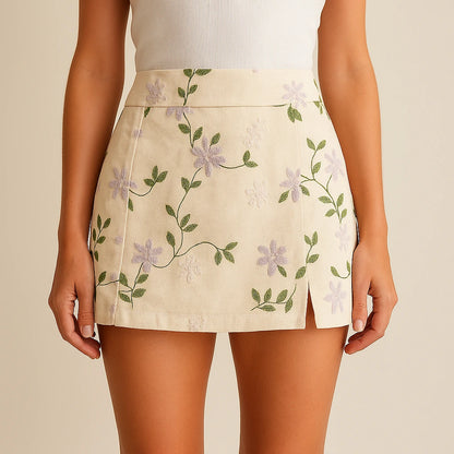 Model wearing Beige Floral Embroidery Skirt Slit Vacation Summer Modern with close focus on the product