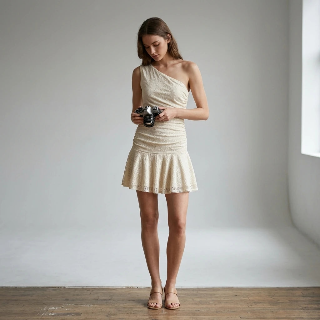 Third natural lifestyle image of a model wearing beige-lace-one-shoulder-mini-dress