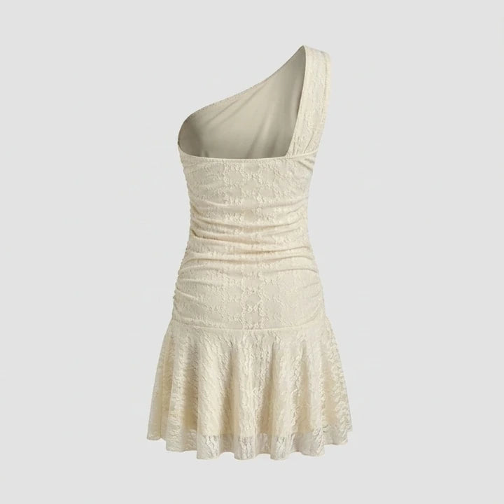 Back product-only image of beige-lace-one-shoulder-mini-dress