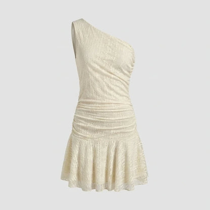 Front product-only image of beige-lace-one-shoulder-mini-dress