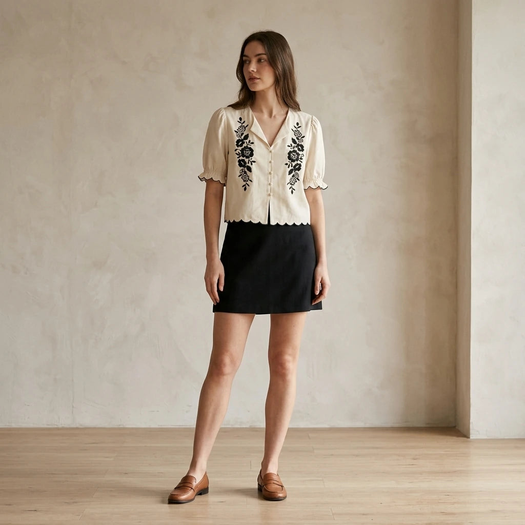 Natural lifestyle image of a model wearing Beige Puffed Sleeve Embroidery Contrasting Blouse