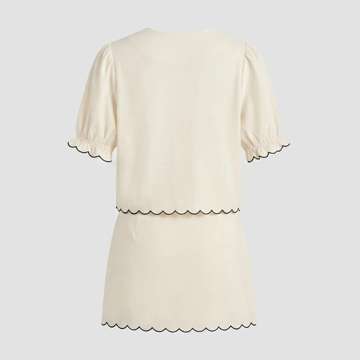 Back product-only image of Beige Puffed Sleeve Embroidery Contrasting Blouse