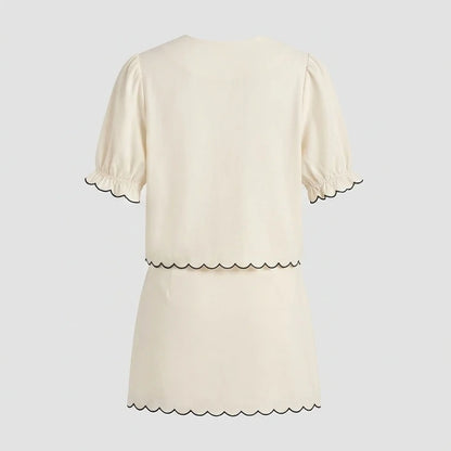 Back product-only image of Beige Puffed Sleeve Embroidery Contrasting Blouse