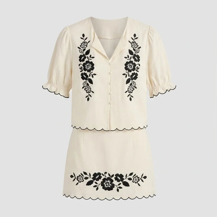 Front product-only image of Beige Puffed Sleeve Embroidery Contrasting Blouse
