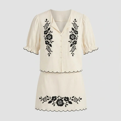 Front product-only image of Beige Puffed Sleeve Embroidery Contrasting Blouse