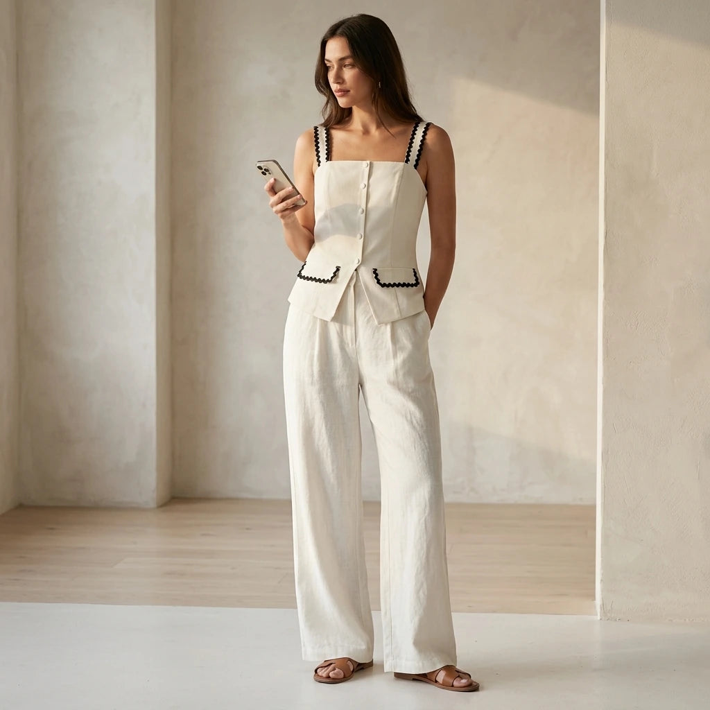 Natural lifestyle image of a model wearing beige-square-neck-contrasting-cami-top