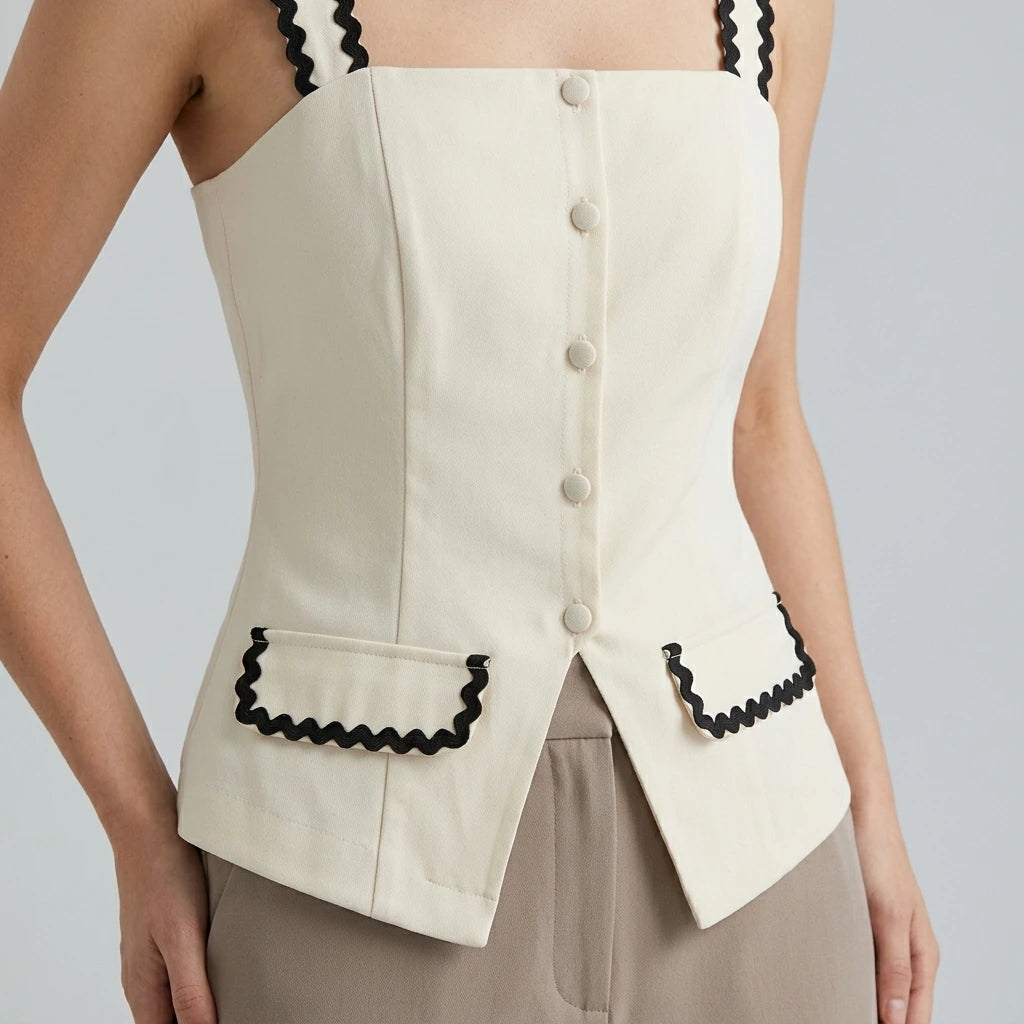 Model wearing beige-square-neck-contrasting-cami-top with close focus on the product