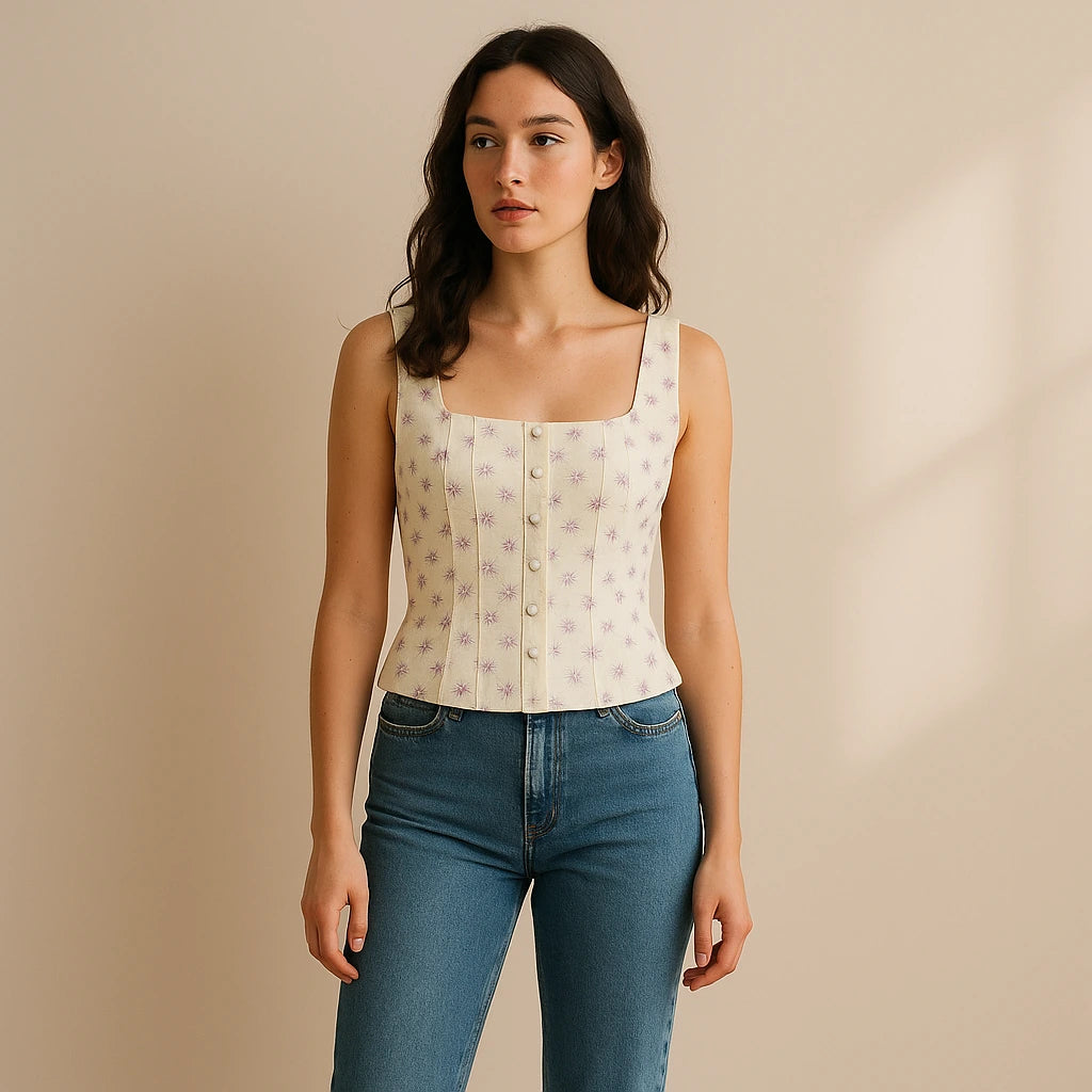 Natural lifestyle image of a model wearing Beige Floral Square Neck Tank Top Sleeveless Chic Summer