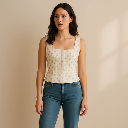 Natural lifestyle image of a model wearing Beige Floral Square Neck Tank Top Sleeveless Chic Summer