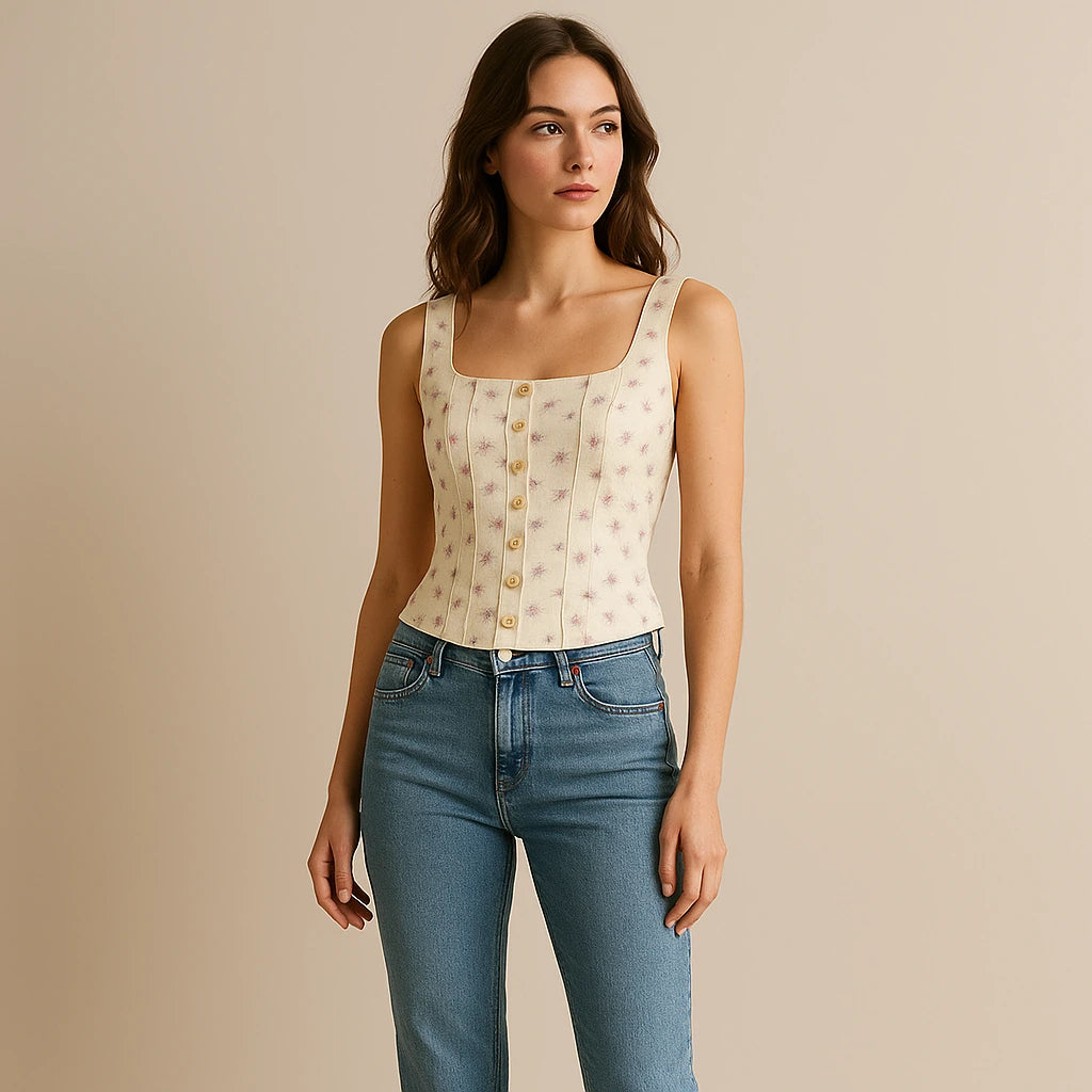 Second natural lifestyle image of a model wearing Beige Floral Square Neck Tank Top Sleeveless Chic Summer