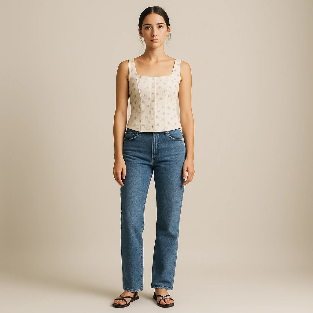 Third natural lifestyle image of a model wearing Beige Floral Square Neck Tank Top Sleeveless Chic Summer